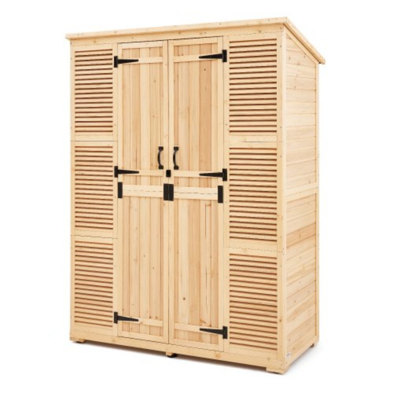 Premium Cedar Wood Outdoor Storage Shed with 4 Shelves Asphalt Roof Weather Resistant Garden Cabinet
